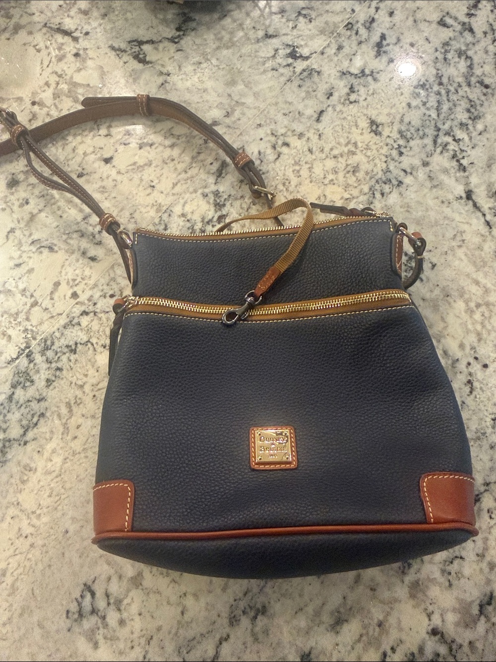 Dooney & Bourke Navy Pebble Leather Crossbody with Brown Trim